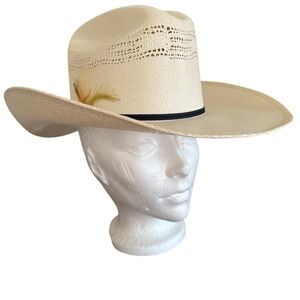 Sofari Collection Natural Straw Raffia Cowboy Hat Feather Mexican Vintage